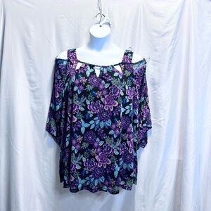 Catherine Floral Cold Shoulder Top Shear Sleeves - Purple and Black; 2x